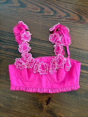 Loveshackfancy Hot Pink Floral Appliqué Crop Top